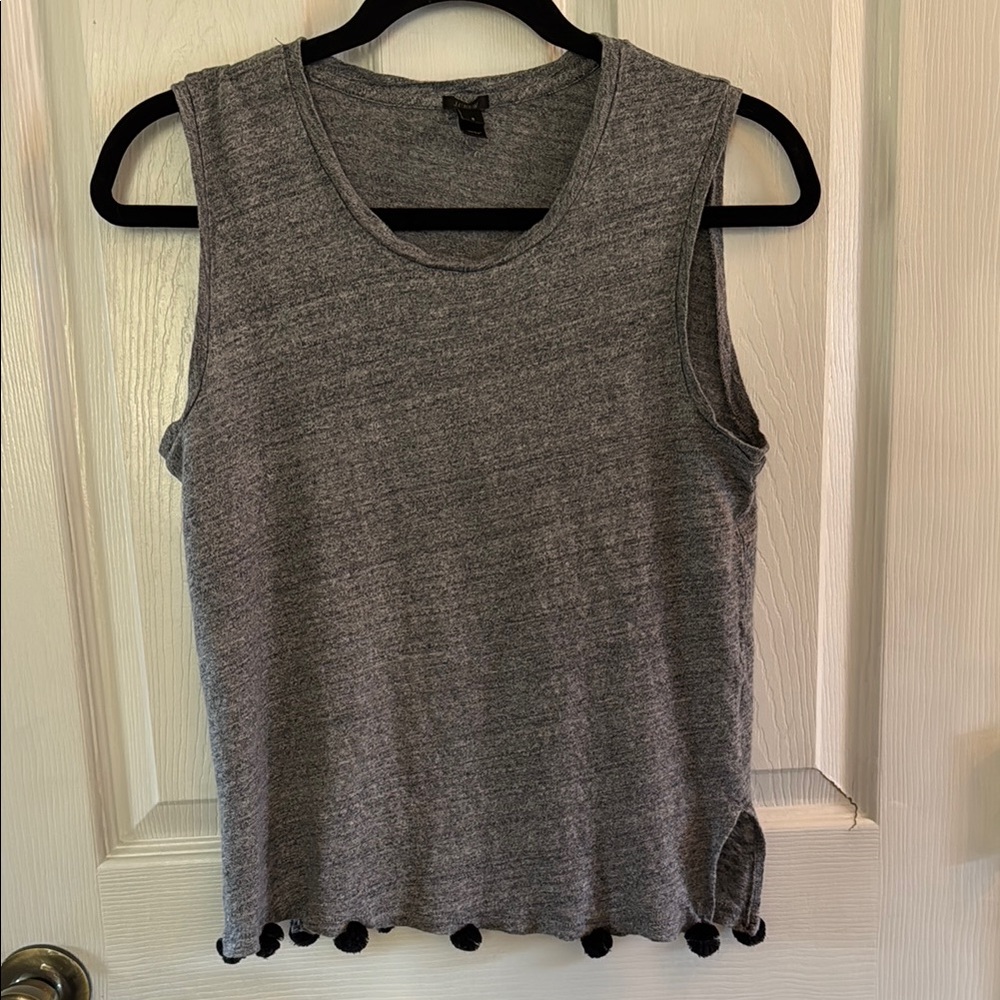 Gray Sleeveless Top with Pom-Pom Trim